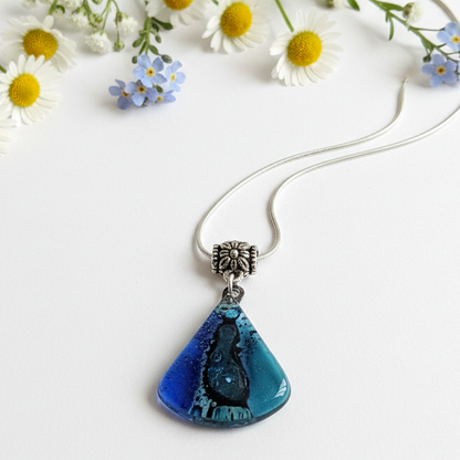 Glass pendant. Blue Recycled Fused Glass Necklace. Simi circular sector, Pie slice shape. Unique handcrafted jewelry. Glass with bubbles