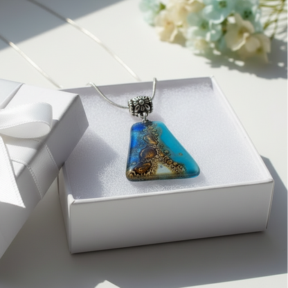 Blue, white and Brown Recycled Fused Glass small Pendant. Geometric Ocean Sea Jewelry. Awesome handmade gifts.