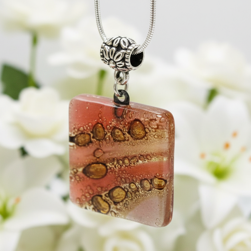 Square small Pendant. Handmade Red, Pink and Brown  Recycled Fused Glass Necklace. Dainty colorful necklace. Everyday Pendant. handcrafted