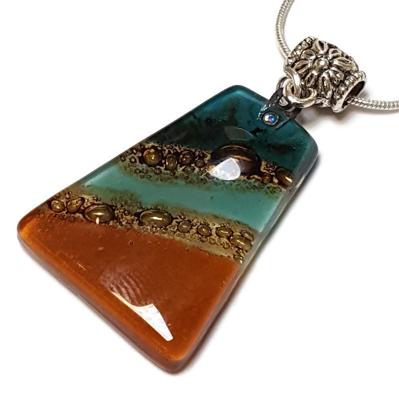 Terracota and teal Fused Glass small Pendant. Recycled Glass Necklace. Awesome glass bubbles. Earthy colors. Best handmade gift idea.