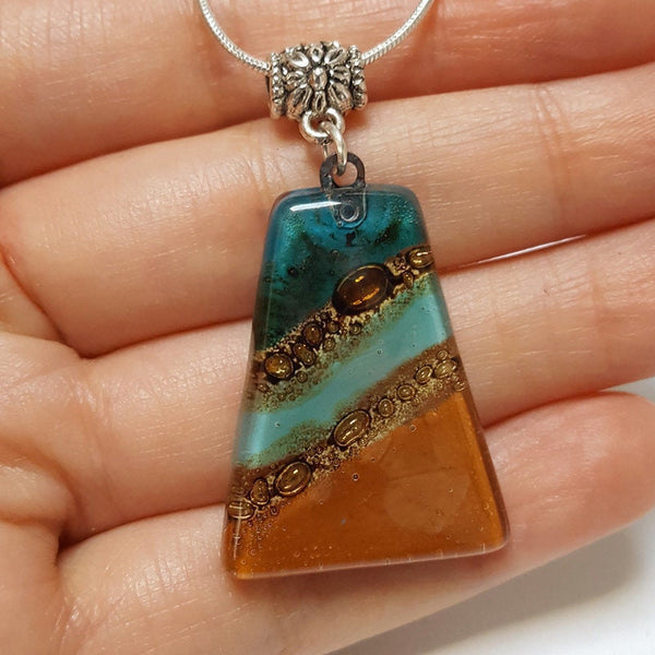 Terracota and teal Fused Glass small Pendant. Recycled Glass Necklace. Awesome glass bubbles. Earthy colors. Best handmade gift idea.