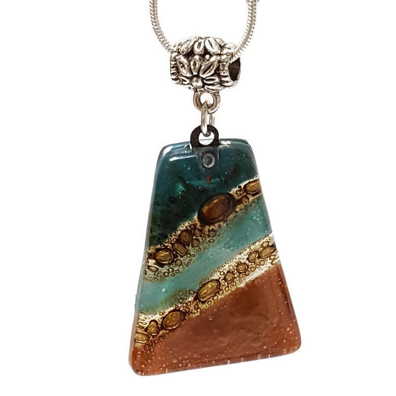 Terracota and teal Fused Glass small Pendant. Recycled Glass Necklace. Awesome glass bubbles. Earthy colors. Best handmade gift idea.