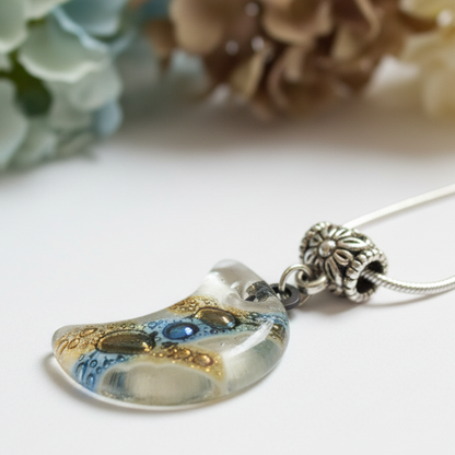Blue Moon shape Recycled Glass pendant. Fused Glass Necklace. Moon Charm. Great gift idea. Handcrafted beads. Eco-friendly magical jewelry