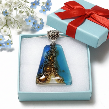 Blue, white and Brown Recycled Fused Glass small Pendant. Geometric Ocean Sea Jewelry. Awesome handmade gifts.