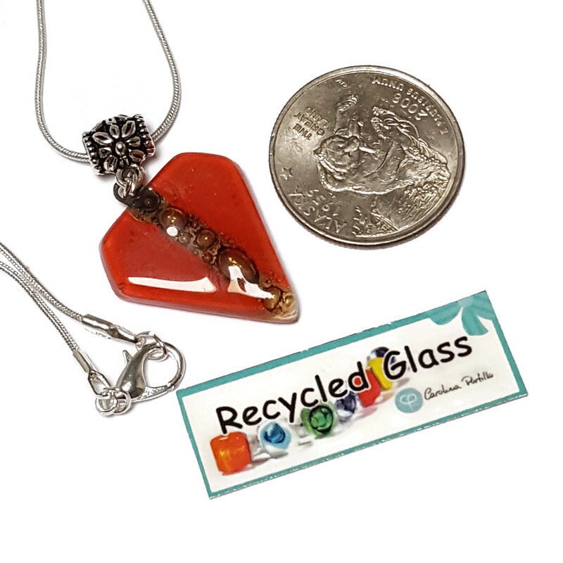 Fused Glass Pendant . Red, and Brown Glass Necklace. Silver Plated Chain. Unique Glass Recycled Glass Pendant. Handmade gifts.