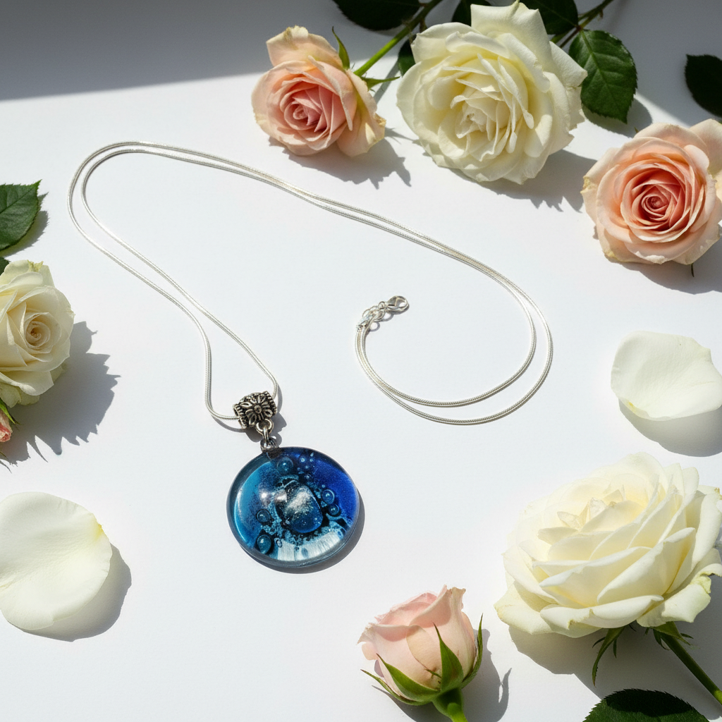 Glass pendant Blue and white round Fused Glass  Necklace. Silver bubbles. Handmade gifts. Unque handcrafted necklace. Glass with bubbles