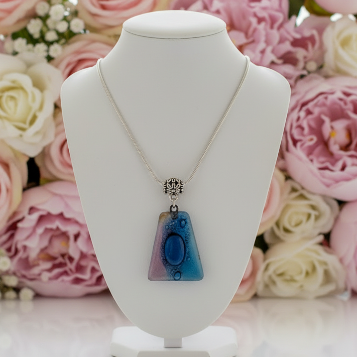 Blue and lilac Recycled Fused Glass small Pendant. Handmade unique geometric necklace. Glass with bubbles.  Best One of a kind gifts.