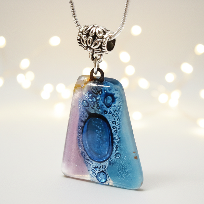 Blue and lilac Recycled Fused Glass small Pendant. Handmade unique geometric necklace. Glass with bubbles.  Best One of a kind gifts.