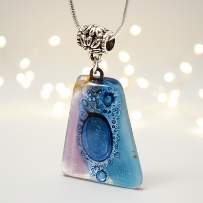 Blue and lilac Recycled Fused Glass small Pendant. Handmade unique geometric necklace. Glass with bubbles.  Best One of a kind gifts.