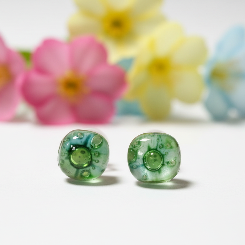 Small Post White, Green and Turquoise Earrings. Fused Glass Studs. Recycled Glass jewelry. Minimal simple dainty Stud earrings