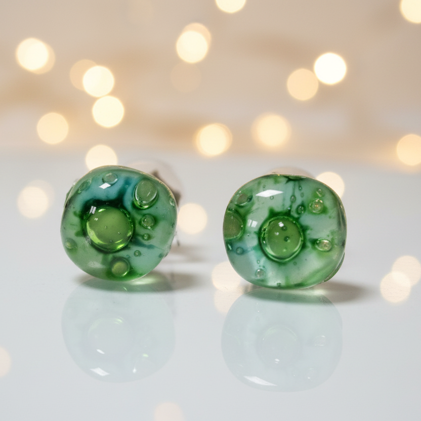 Small Post White, Green and Turquoise Earrings. Fused Glass Studs. Recycled Glass jewelry. Minimal simple dainty Stud earrings