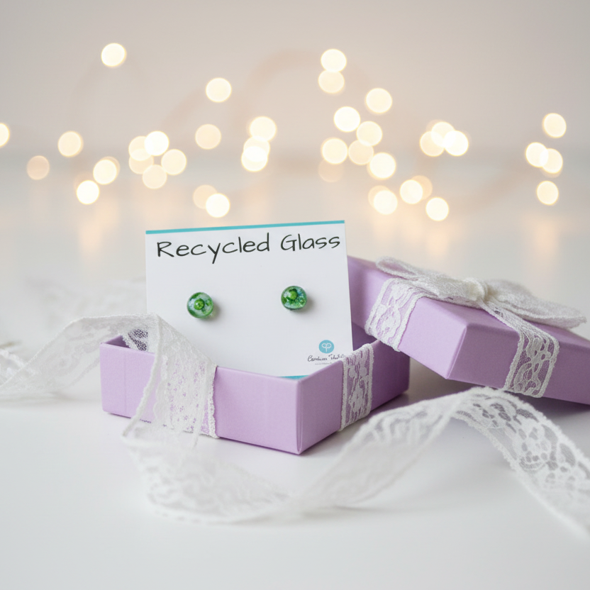 Small Post White, Green and Turquoise Earrings. Fused Glass Studs. Recycled Glass jewelry. Minimal simple dainty Stud earrings