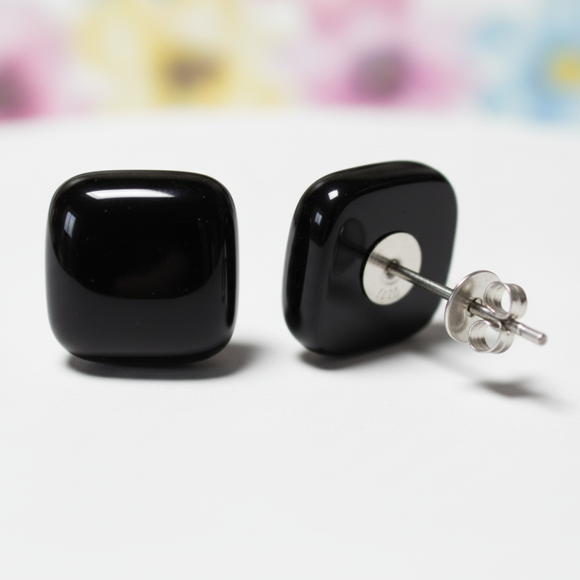 Post Earrings. Recycled glass Earrings. BLACK Earrings Studs. Fused Glass jewelry. Small earrings. Black simple plain black earrings.