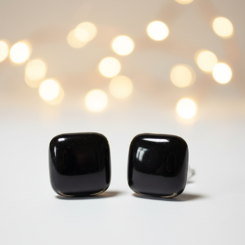 Post Earrings. Recycled glass Earrings. BLACK Earrings Studs. Fused Glass jewelry. Small earrings. Black simple plain black earrings.