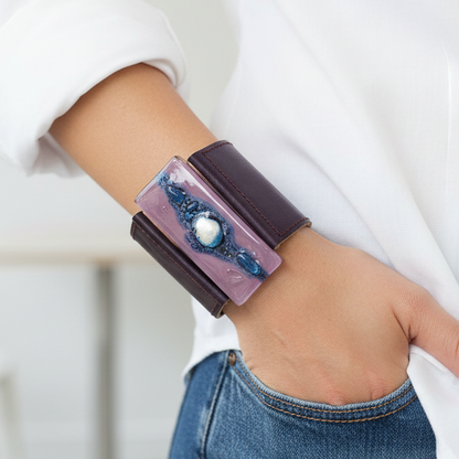 Wide Leather Cuff. Dark purple Leather Bracelet. Recycled glass Bracelet.   Lilac and Blue with silver bubble glass. Double snaps.