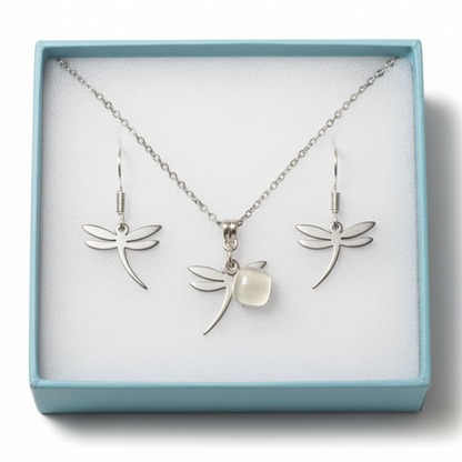 Small Dragonfly set.  Drop  earrings and necklace. Recycled fused glass white. Minimalist, tiny and ecofriendly. Dainty