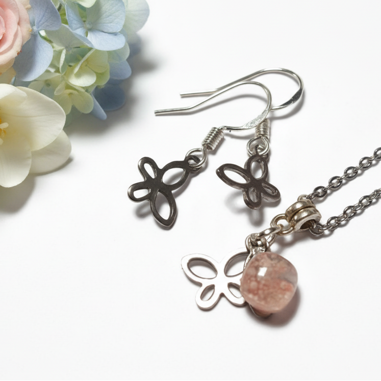 Small Butterfly set. Dangle earrings and necklace. Recycled fused glass pale pink bead. Minimalist handcrafted and ecofriendly. Dainty