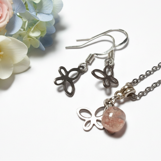 Small Butterfly set. Dangle earrings and necklace. Recycled fused glass pale pink bead. Minimalist handcrafted and ecofriendly. Dainty