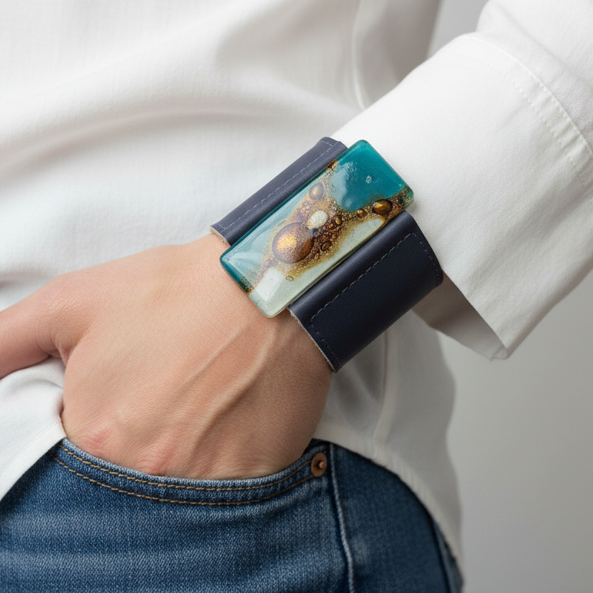 Wide Leather Cuff. Gray Leather Bracelet. Recycled glass Bracelet. Teal, white and brown cuff