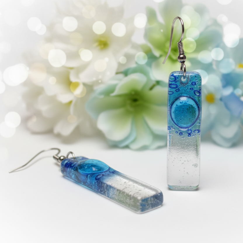Blue bars... Lots of  bubbles. Recycled Fused Glass Dangling earrings. Clear, Transparent glass drop earrings. Beach jewelry