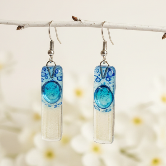 Blue bars... Lots of  bubbles. Recycled Fused Glass Dangling earrings. Clear, Transparent glass drop earrings. Beach jewelry