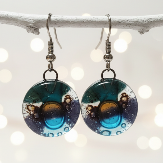 Purple, brown, teal and turquoise round dangle Fused Glass Drop Earrings. Everyday earrings. Handcrafted beads and charms.
