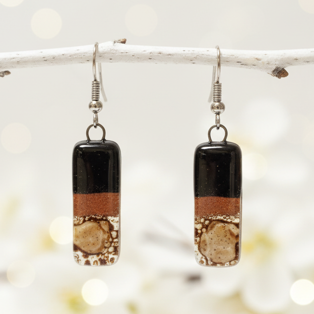 Small bar rectangle Dangle Earrings Recycled Glass. Fused drop Glass. Black, copper anf brown drop earrings.