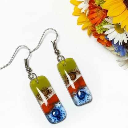 Small bar rectangle Dangle Earrings Recycled Glass. Fused drop Glass blue, brown, light green and orange coloful drop earrings.