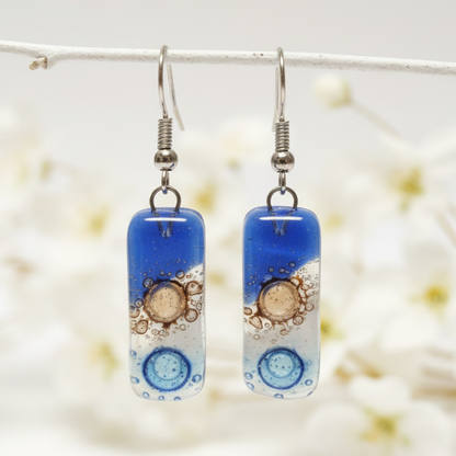 Small bar rectangle Dangle Earrings Recycled Glass. Fused drop Glass blue, brown and white drop earrings.