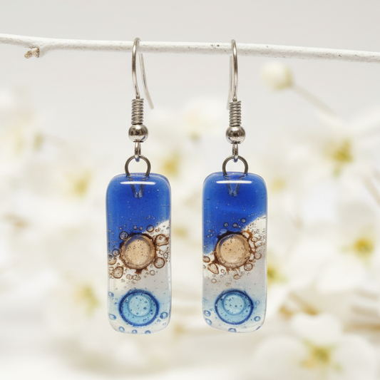 Small bar rectangle Dangle Earrings Recycled Glass. Fused drop Glass blue, brown and white drop earrings.