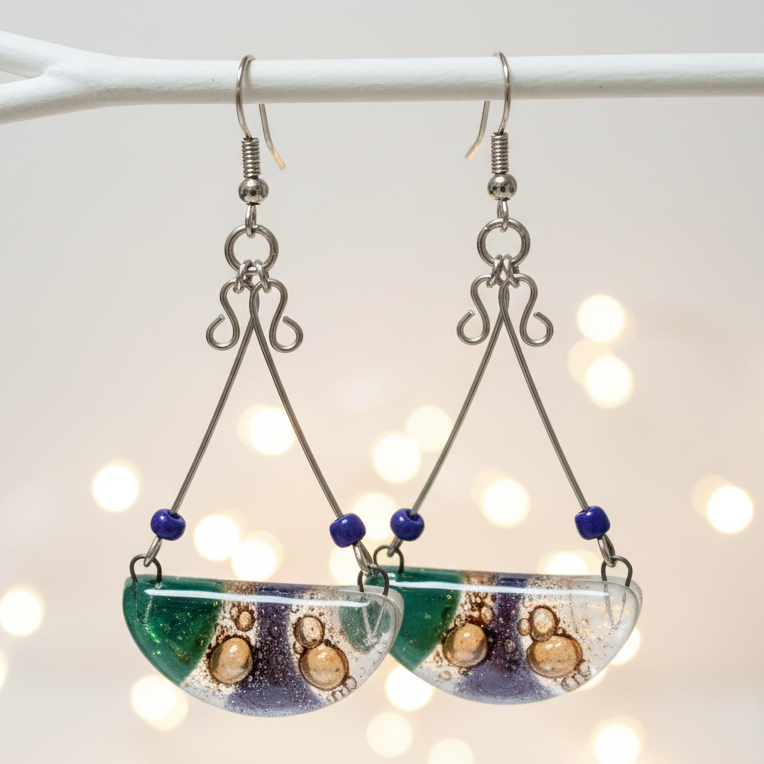 Fused Glass Chandelier Earrings. Purple, Teal  White and Brown Long handcrafted elegant drop dangle earrings