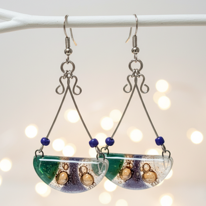 Fused Glass Chandelier Earrings. Purple, Teal  White and Brown Long handcrafted elegant drop dangle earrings