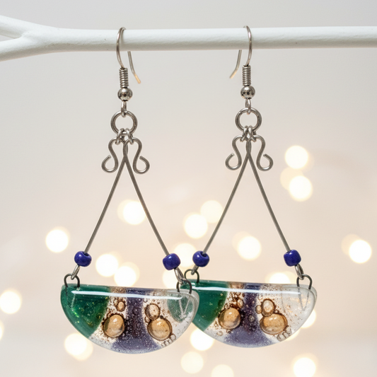 Fused Glass Chandelier Earrings. Purple, Teal  White and Brown Long handcrafted elegant drop dangle earrings