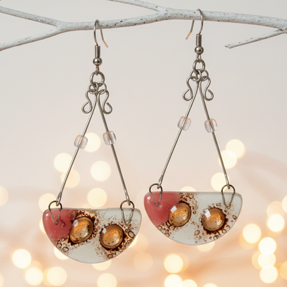 Fused Glass Chandelier Earrings . Pink White and Brown long handmade drop dangle Recycled