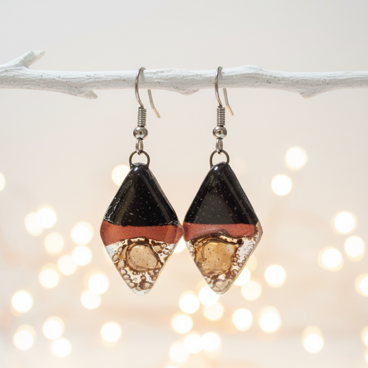 Fused glass Dangle Earrings. Black, copper and Brown Diamond Shaped Earrings. Recycled Glass Drop Earrings, long earrings.