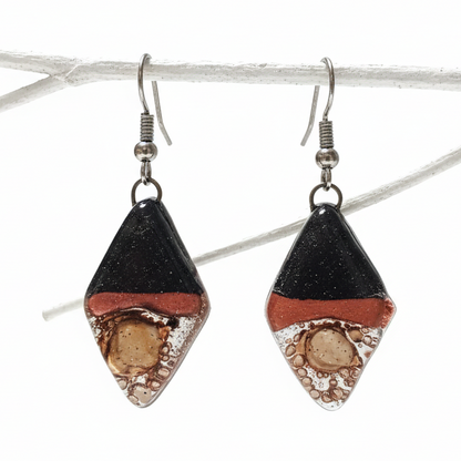 Fused glass Dangle Earrings. Black, copper and Brown Diamond Shaped Earrings. Recycled Glass Drop Earrings, long earrings.
