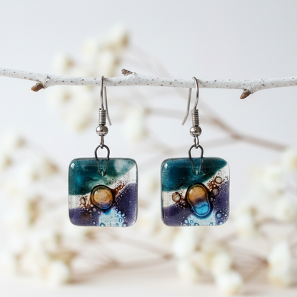 Purple, Brown, Teal and turquoise Square fused glass dangle earrings. Handmade recycled Glass beads. Drop Earrings