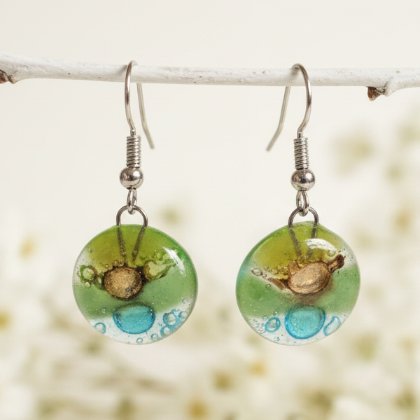 Green, brown, and turquoise round dangle Fused Glass Drop Earrings. Fun colors. Everyday earrings. Handcrafted beads and charms