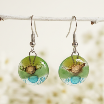Green, brown, and turquoise round dangle Fused Glass Drop Earrings. Fun colors. Everyday earrings. Handcrafted beads and charms