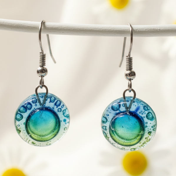 Blue, green and turquoise round dangles.