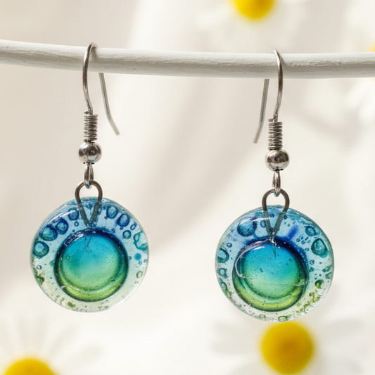 Blue, green and turquoise round dangles.