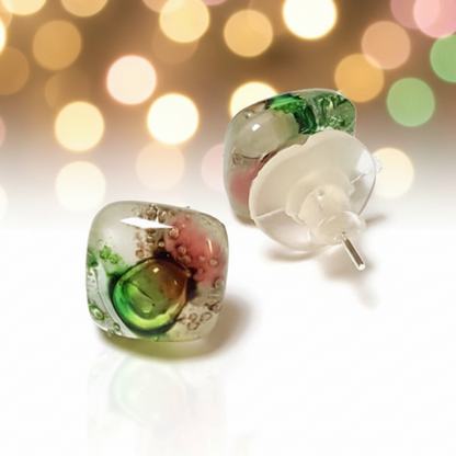 Post Earrings. Recycled glass Earrings. Green, Pink, White, Brown Earrings Studs. Fused Glass jewelry. Small earrings