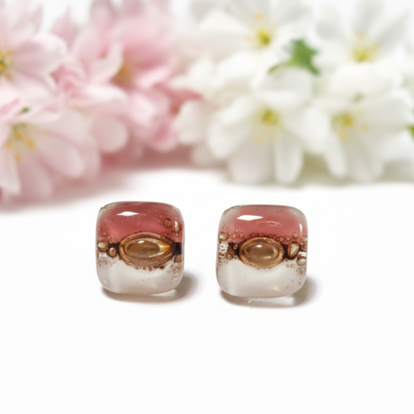 Post Earrings. Recycled glass Earrings. Pink, White and brown Earrings Studs. Fused Glass jewelry. Small earrings