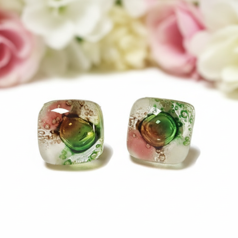 Post Earrings. Recycled glass Earrings. Green, Pink, White, Brown Earrings Studs. Fused Glass jewelry. Small earrings