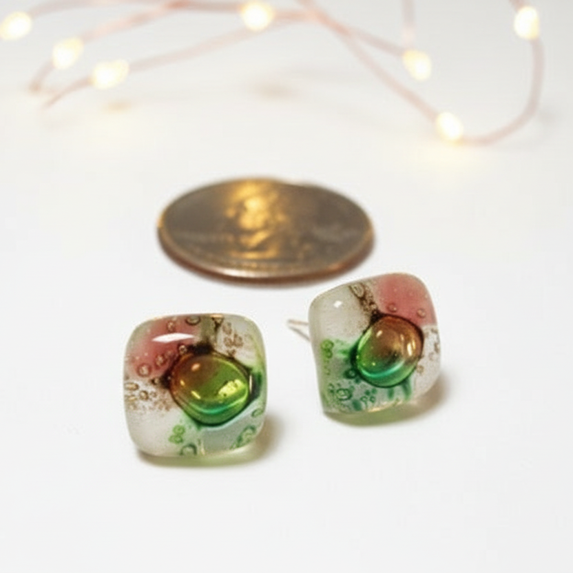 Post Earrings. Recycled glass Earrings. Green, Pink, White, Brown Earrings Studs. Fused Glass jewelry. Small earrings