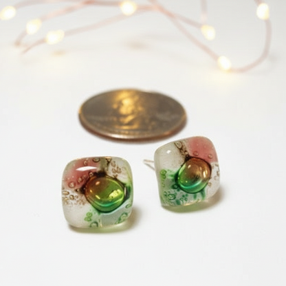 Post Earrings. Recycled glass Earrings. Green, Pink, White, Brown Earrings Studs. Fused Glass jewelry. Small earrings