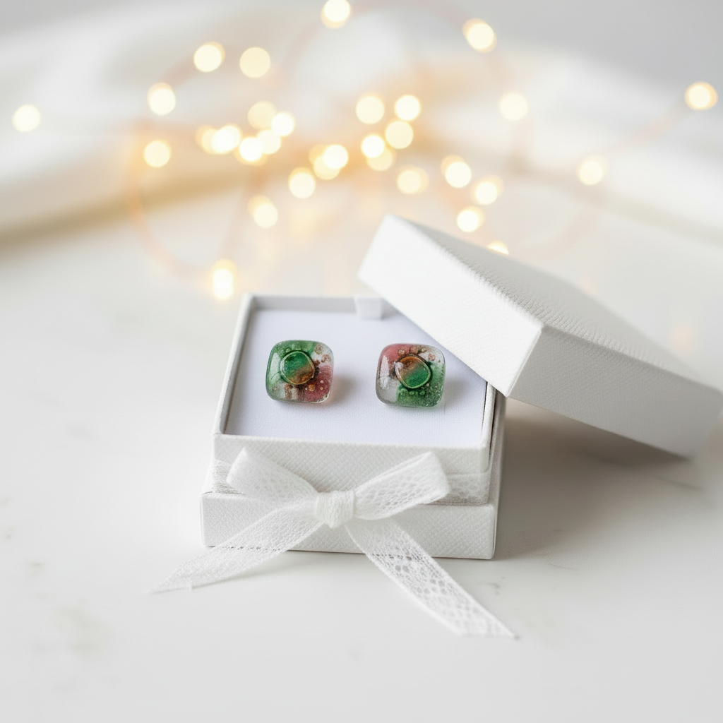Post Earrings. Recycled glass Earrings. Green, Pink, White, Brown Earrings Studs. Fused Glass jewelry. Small earrings