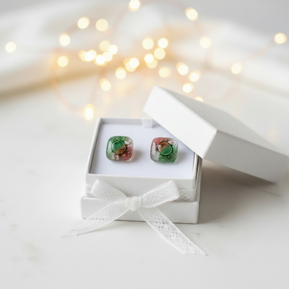 Post Earrings. Recycled glass Earrings. Green, Pink, White, Brown Earrings Studs. Fused Glass jewelry. Small earrings