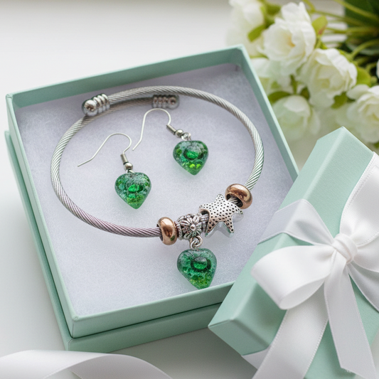 Set of green Earrings and bracelet. Elastic Cable Bangle Twisted Stainless Steel Bracelet Glass Charm Bead. Fused glass earrings.