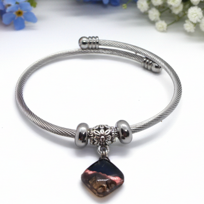 Black, Copper and Brown  Stainless Steel Bracelet Glass Charm Bead. Easy to put on adjustable stretch memory wire. One size fits most
